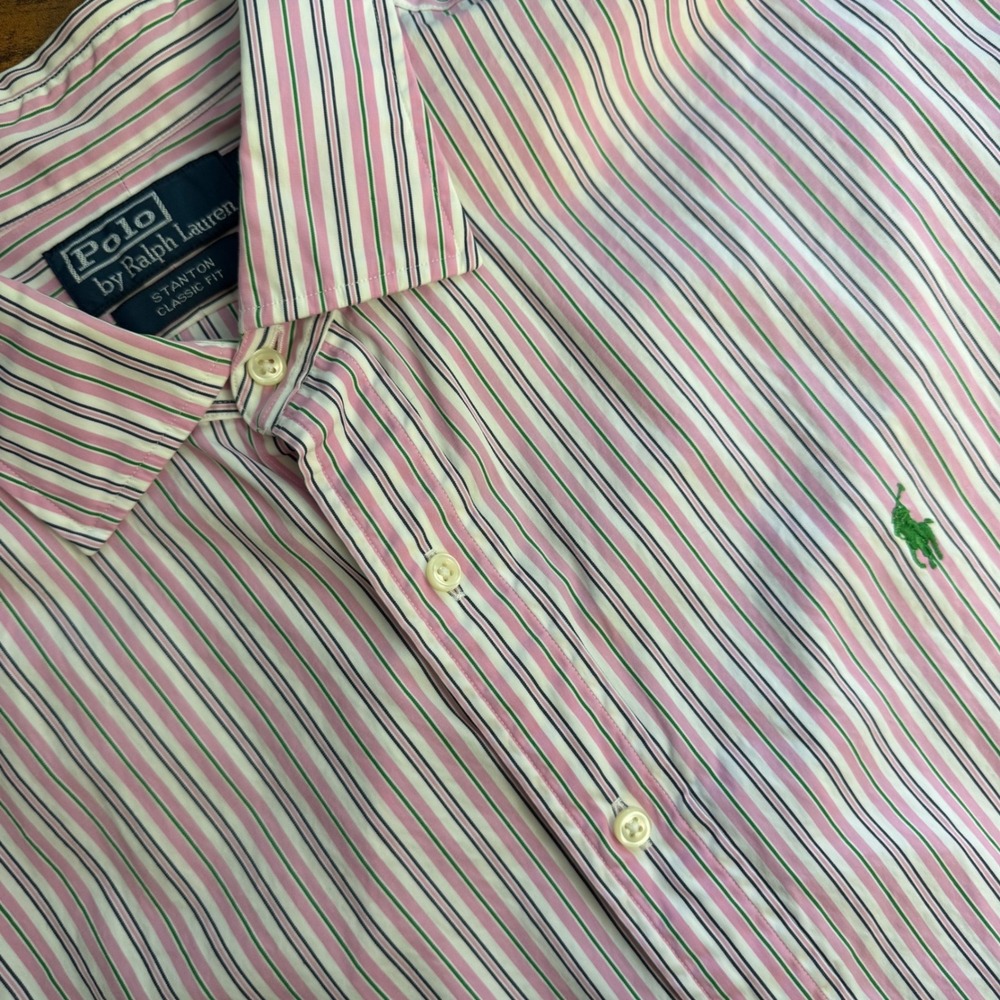 Polo Ralph Lauren Stanton Classic Fit Shirt XXL Pink Green Striped Long Sleeve